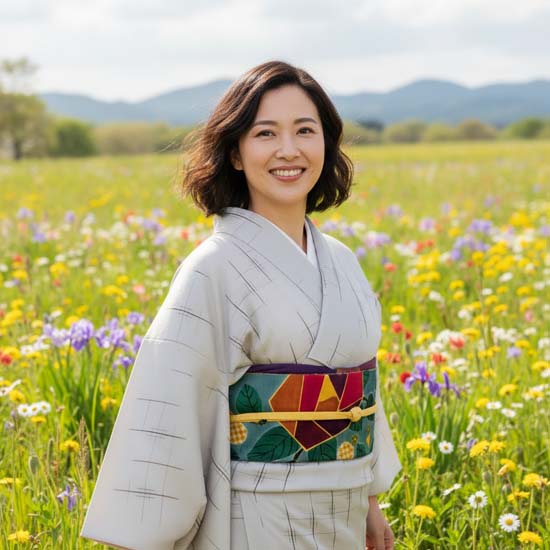 <span class="title">薔薇を背負う、由季さんの帯を楽しむコーデ。</span>